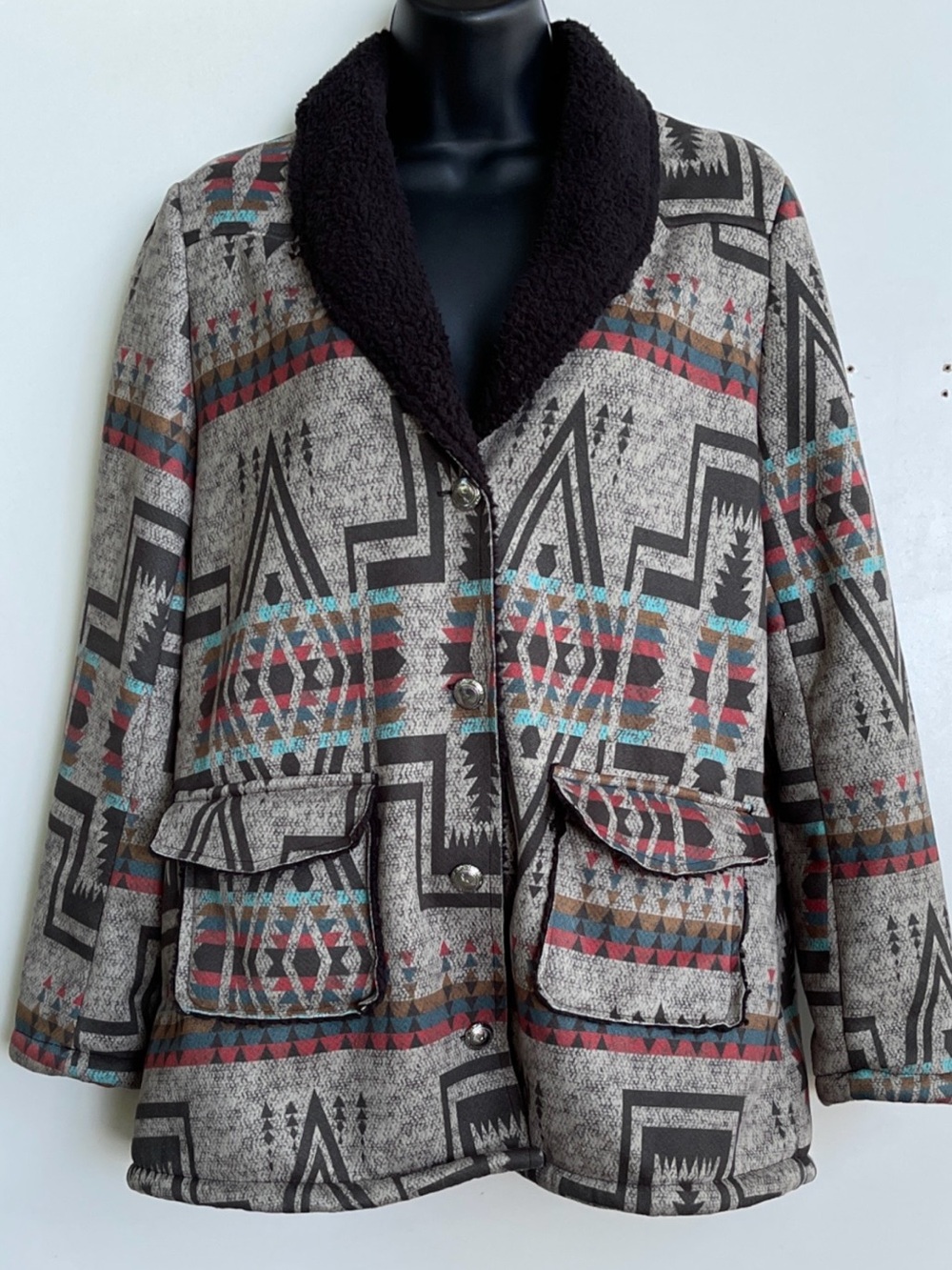 Lucky & Blessed Southwestern Aztec Tribal Jacket Cozy Boho Ranchwear Coat Wmns M